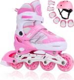 Anubhav Janni Skate for Kids Roller Shoes Age 6 to 11 Years Adjustable Size Inline Skating Skates Boys Girls Boys and  LED Lights in Wheel Indoor Outdoor Beginner Training Skates (Pink)