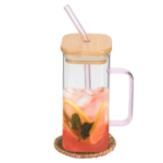 Anubhav Janni Square mason wooden lid jar 1pcs Random Colour Square Glass Sipper Tumbler Tea Coffee Can with Wooden Lid and Straw Mug Fruit Milk Juice Cup