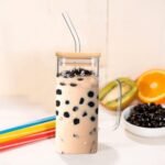 Anubhav Janni Square mason wooden lid jar 1pcs Random Colour Square Glass Sipper Tumbler Tea Coffee Can with Wooden Lid and Straw Mug Fruit Milk Juice Cup - Image 3