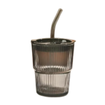 Anubhav Janni Sipper Glass Lining Mug Black 400 ml Elegant Ribbed Glass Tumbler with Lid Straw 16oz Reusable Iced Coffee Cup for Cold Hot Beverages (Black)