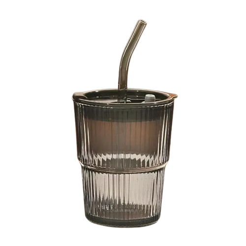 Anubhav Janni Sipper Glass Lining Mug Black 400 ml Elegant Ribbed Glass Tumbler with Lid Straw 16oz Reusable Iced Coffee Cup for Cold Hot Beverages (Black) Anubhav Janni Sipper Glass Lining Mug Black 400 ml Elegant Ribbed Glass Tumbler with Lid Straw 16oz Reusable Iced Coffee Cup for Cold Hot Beverages (Black) - Image 1