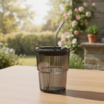 Anubhav Janni Sipper Glass Lining Mug Black 400 ml Elegant Ribbed Glass Tumbler with Lid Straw 16oz Reusable Iced Coffee Cup for Cold Hot Beverages (Black) - Image 3