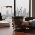 Anubhav Janni Sipper Glass Lining Mug Black 400 ml Elegant Ribbed Glass Tumbler with Lid Straw 16oz Reusable Iced Coffee Cup for Cold Hot Beverages (Black) - Image 5