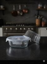 Anubhav Janni Lunch Box Round 370ml Pack 1 Pcs Glass Container with Sealing Cover Portable Microwave Heating kitchen Cooking Dessert Baking clear Bowl Bulk Sale Strip Design - Image 2