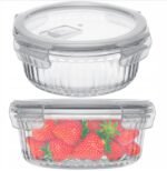 Anubhav Janni Lunch Box Round 370ml Pack 1 Pcs Glass Container with Sealing Cover Portable Microwave Heating kitchen Cooking Dessert Baking clear Bowl Bulk Sale Strip Design - Image 7