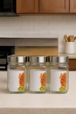 Anubhav Janni Sqaure Jar 340ml 3pcs Cube Storage Containers Glass Jar with Air Tight Steel Lid Transparent Jars for Snacks Pulses Masala Pickles Cereals Cookies Dry Food - Image 2