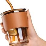 Anubhav Janni Glass Mug With Straw And Cover 400 Ml 1 Pcs Travel Coffee with Lids and Straws,Reusable Iced Tea Sipper Cup Leather Sleeve Grip, Cute Tumbler for Water Juice Milk Smoothie