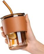 Anubhav Janni Glass Mug With Straw And Cover 400 Ml 1 Pcs Travel Coffee with Lids and Straws,Reusable Iced Tea Sipper Cup Leather Sleeve Grip, Cute Tumbler for Water Juice Milk Smoothie