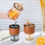 Anubhav Janni Glass Mug With Straw And Cover 400 Ml 1 Pcs Travel Coffee with Lids and Straws,Reusable Iced Tea Sipper Cup Leather Sleeve Grip, Cute Tumbler for Water Juice Milk Smoothie - Image 2