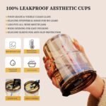 Anubhav Janni Glass Mug With Straw And Cover 400 Ml 1 Pcs Travel Coffee with Lids and Straws,Reusable Iced Tea Sipper Cup Leather Sleeve Grip, Cute Tumbler for Water Juice Milk Smoothie - Image 4