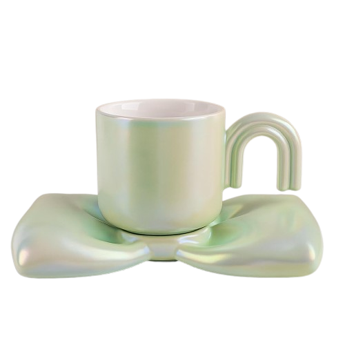 Anubhav Janni Ceramic Mug Bow Tie 350ml Green Coffee with Saucer Set Cute Big Cup Unique for Office and Home Latte Tea Milk Hot Chocolate Girl Women (Set of 1 Pcs)