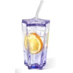 Anubhav Janni Sipper Star Shape Mug 400ml Glass Water Tumbler with Lid and Straw Drinking Cup Cute Pentagram Design Color Coffee for Soda Ice Tea Shaped Juice Cocktail Cups (Purple)