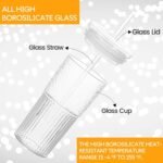 Anubhav Janni Sipper Tumbler Lining Big 600ml Glass Mason with Lid Straw Leakproof Reusable Drinking Cup for Juice Iced Coffee Tea Cold Beverages Ribbed Lids Aesthetic Mug Bottle (Pack of 1) - Image 9