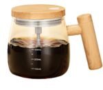 Anubhav Janni Wooden Handle Mug Shaker Self Stirring Electric Mixing Cup High Borosilicate Glass Rotating Coffee for Home Office Travel Suitable Milk Protein Powder and Lid Wood Grain Design