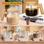 Anubhav Janni Wooden Handle Mug Shaker Self Stirring Electric Mixing Cup High Borosilicate Glass Rotating Coffee for Home Office Travel Suitable Milk Protein Powder and Lid Wood Grain Design - Image 4