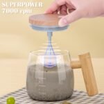 Anubhav Janni Wooden Handle Mug Shaker Self Stirring Electric Mixing Cup High Borosilicate Glass Rotating Coffee for Home Office Travel Suitable Milk Protein Powder and Lid Wood Grain Design - Image 7