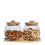 Anubhav Janni Storage Jar With Lid And Tray 650ml Glass Airtight Transparent Kitchen Container for Tea Coffee Sugar Dry Fruits Spices Leak Proof Moisture Resistant Bamboo Lids (Pack Of 3pcs)
