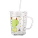 Anubhav Janni Cartoon Milk Graduated Glass 400ml Print Cup Kids with Handle Spill Proof Lid Reusable Silicone Straw Heat Resistant Drinking Mug Juice Water Beverages Tumbler (Pack Of 1 Pcs)