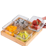 Anubhav Janni Serving Bowl 4inch 4pcs Set Square Glass Bowls Wood Tray Condiment Dishes Buffet Server Food Display Relish Fruit Dessert Nuts Snacks Candy Chip Dip Clear Dry Fruits Designer