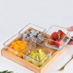 Anubhav Janni Serving Bowl 4inch 4pcs Set Square Glass Bowls Wood Tray Condiment Dishes Buffet Server Food Display Relish Fruit Dessert Nuts Snacks Candy Chip Dip Clear Dry Fruits Designer - Image 2
