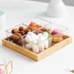 Anubhav Janni Serving Bowl 4inch 4pcs Set Square Glass Bowls Wood Tray Condiment Dishes Buffet Server Food Display Relish Fruit Dessert Nuts Snacks Candy Chip Dip Clear Dry Fruits Designer - Image 7