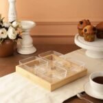 Anubhav Janni Serving Bowl 4inch 4pcs Set Square Glass Bowls Wood Tray Condiment Dishes Buffet Server Food Display Relish Fruit Dessert Nuts Snacks Candy Chip Dip Clear Dry Fruits Designer - Image 8