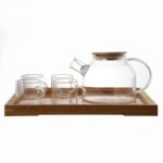Anubhav Janni Kettle And Cup With Wooden Tray Glass Water Jug 1 Litre Heat Resistant with lid Large Handle Transparent Teapot Removable Infuser Clear for Blooming Tea (Pack of 1 Pcs)