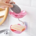 Anubhav Janni Sabundani Wall Mounted Soap Dish Double Layer Holder With Sticker Self Adhesive Flower Design For Bathroom Kitchen Tray Sponge Plastic Drainage Magic Plastic (Set Of 1 Pcs) - Image 2