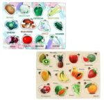Anubhav Janni Wooden Vegetable Shapes Puzzle Board - Educational Toy for Kids Interactive Learning Tool to Enhance Shape Color Recognition Skills Tray Fruits Vegetables Peg Montessori Toys ( pack of 1 )