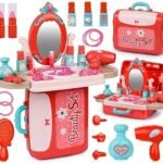 Anubhav Janni 3-in-1 Beauty Set for Kids Girls Learning Educational Makeup Suitcase Kit with Accessories Pretend Play Portable Toy Gift Doll Cosmetic Vanity Table Trolley Make up Plastic ( pack of 1 )