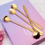 Anubhav Janni Golden Spoon Set Golden Set Coffee Spoon Dessert Spoon Cutlery Kitchen Tableware Stainless Steel Gold Flower Shape Different Spoon Cutlery Coffee (Set Of 4 Pcs) - Image 2