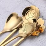 Anubhav Janni Golden Spoon Set Golden Set Coffee Spoon Dessert Spoon Cutlery Kitchen Tableware Stainless Steel Gold Flower Shape Different Spoon Cutlery Coffee (Set Of 4 Pcs) - Image 6
