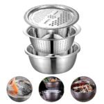 Anubhav Janni 3 In 1 Kitchen Multipurpose Stainless Steel  Basin Set with Colander Grater Lid Mixing for Washing in Multifunctional Thicken Vegetable Cutter Drain Basket (Set Of 1)