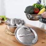 Anubhav Janni 3 In 1 Kitchen Multipurpose Stainless Steel  Basin Set with Colander Grater Lid Mixing for Washing in Multifunctional Thicken Vegetable Cutter Drain Basket (Set Of 1) - Image 3