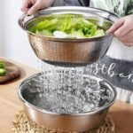 Anubhav Janni 3 In 1 Kitchen Multipurpose Stainless Steel  Basin Set with Colander Grater Lid Mixing for Washing in Multifunctional Thicken Vegetable Cutter Drain Basket (Set Of 1) - Image 7
