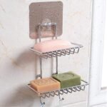 Anubhav Janni Wall Mounted Double Layer Soap Dish Holder Soap Dispensers Self Adhesive Stainless Steel Waterproof Kitchen Bathroom Soaps Storage Rack with 2 Hook for Home (Pack Of 1 Pcs) - Image 2