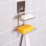 Anubhav Janni Wall Mounted Double Layer Soap Dish Holder Soap Dispensers Self Adhesive Stainless Steel Waterproof Kitchen Bathroom Soaps Storage Rack with 2 Hook for Home (Pack Of 1 Pcs) - Image 3