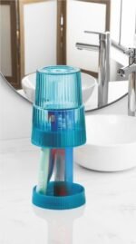 Anubhav Janni Multipurpose Toothbrush Holder Modern with Cup Ribbed Design Turquoise Blue  Clear Chrome Stand Bathroom Organizer Toothpaste Dispenser Stand For Manual (Pack Of 1 Pcs) - Image 3