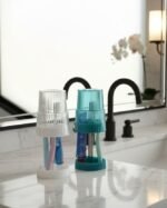 Anubhav Janni Multipurpose Toothbrush Holder Modern with Cup Ribbed Design Turquoise Blue  Clear Chrome Stand Bathroom Organizer Toothpaste Dispenser Stand For Manual (Pack Of 1 Pcs) - Image 4