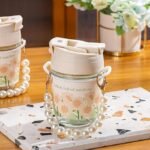 Anubhav Janni Travel glass Moti Mug White Pearl Glass Coffee Mugs with Chain Belt Sleeve Reusable Sipper Double Drink Straw and Lids Tumbler for Juice Smoothies Milk Cups (Pack of 1) - Image 5