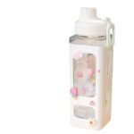 Anubhav Janni Kawaii Water Bottle With Straw and Sticker Bear Bottle, Large Sport Plastic Portable Square Drinking Girl Cute Juice Tea Cups Girls Stickers Stylish School Travel (Pack Of 1 Pcs)
