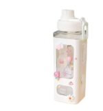 Anubhav Janni Kawaii Water Bottle With Straw and Sticker Bear Bottle, Large Sport Plastic Portable Square Drinking Girl Cute Juice Tea Cups Girls Stickers Stylish School Travel (Pack Of 1 Pcs)