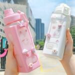Anubhav Janni Kawaii Water Bottle With Straw and Sticker Bear Bottle, Large Sport Plastic Portable Square Drinking Girl Cute Juice Tea Cups Girls Stickers Stylish School Travel (Pack Of 1 Pcs) - Image 2