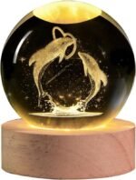 Anubhav Janni Galaxy Ball Fish Moon 3D Crystal Night Light  Dimmable Engraved LED Glass Table Lamp USB Wooden Base Home Decor Office Birthday Gift Kids Bedroom Laser Ball (Pack Of 1 Pcs)