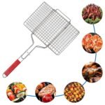 Anubhav Janni Bbq Grill Net Portable BBQ Basket Mild Steel Grilling Tray with Wooden Handle For Barbecue Roasting Camping Outdoor Cooking Fish Meat Vegetables Stainless Roast (Pack Of 1 Pcs)