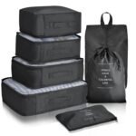 Anubhav Janni 7 Pcs Travel Bag Black Organizer Set Packing Cubes With Shoe Bag Printed Storage Bags For Clothes Makeup Toiletries Clothes Space Savers Cosmetics Underwear Socks Shoes (Set Of 7)