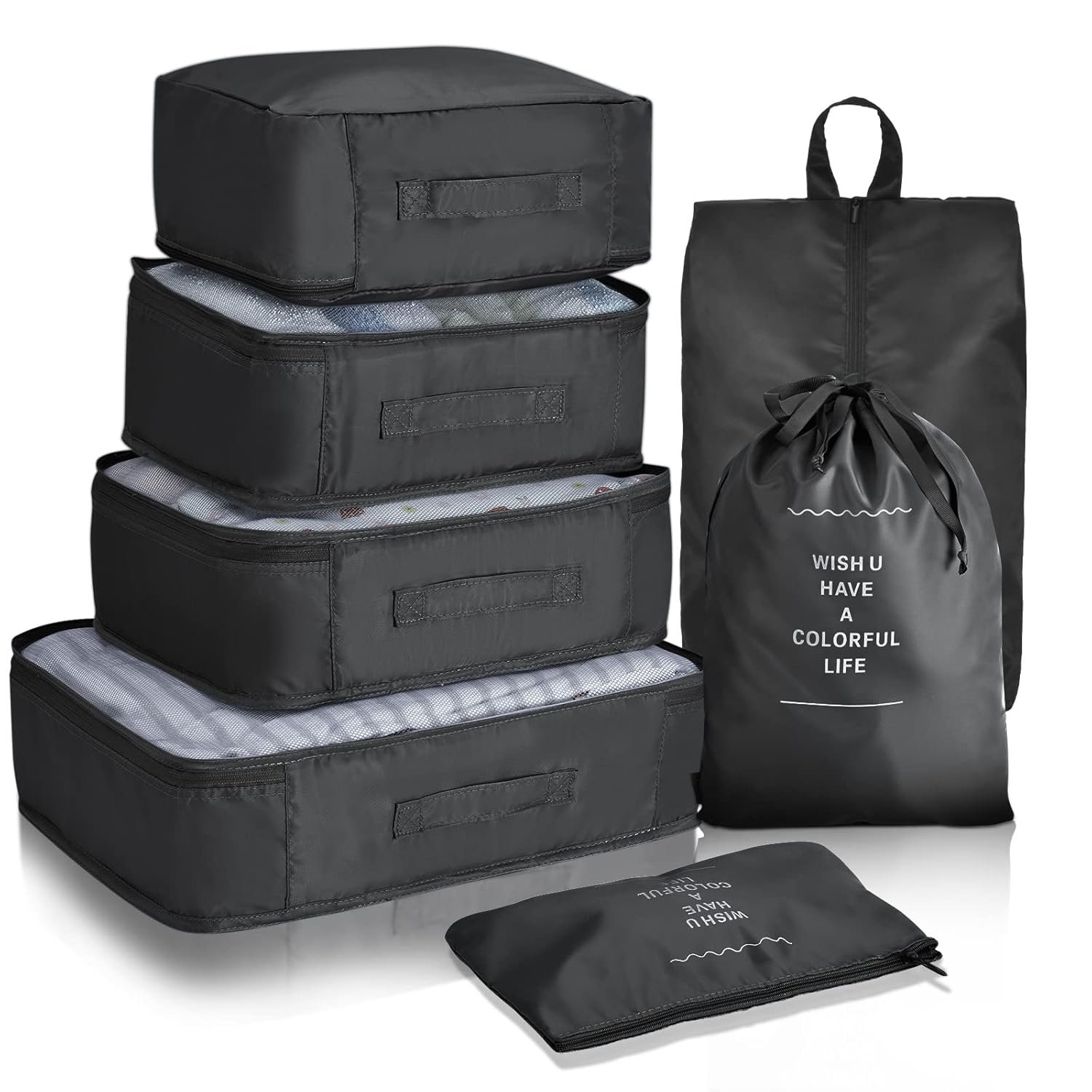 Anubhav Janni 7 Pcs Travel Bag Black Organizer Set Packing Cubes With Shoe Bag Printed Storage Bags For Clothes Makeup Toiletries Clothes Space Savers Cosmetics Underwear Socks Shoes (Set Of 7) Anubhav Janni 7 Pcs Travel Bag Black Organizer Set Packing Cubes With Shoe Bag Printed Storage Bags For Clothes Makeup Toiletries Clothes Space Savers Cosmetics Underwear Socks Shoes (Set Of 7) - Image 1