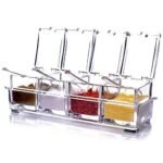 Anubhav Janni 4 Grid Acrylic Home Kitchen Seasoning Mukhwas Rasoi Dry Fruit Easy Flow Spice Box Kit With Spoon-Kitchen Masala Storage Container Organizers Jars Transparent (pack of 1)