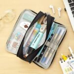Anubhav Janni New Black Special Pencil Pouch Case Large Cases For Girls Boys Big Capacity Pen Pouch With 3 Compartments School Stationary Office Aesthetic Cute Metal (pack of 1) - Image 3