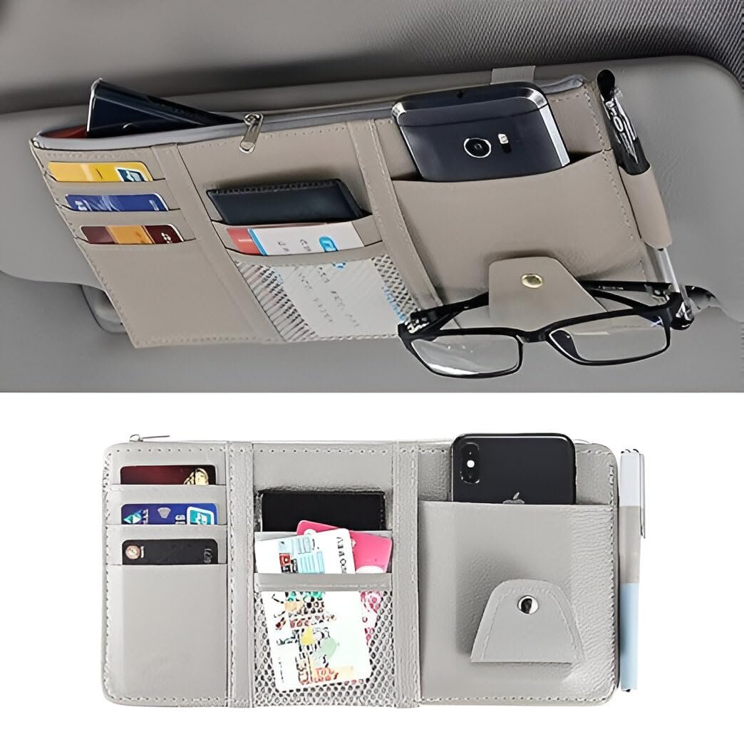 Anubhav Janni Car Sun Visor Organizer PU Leather Multi-Pocket Storage Holder for Sunglasses Cards Pens Documents Universal Fit with Zipper Pouch Mesh Slot Secure Strap Strap Car (pack of 1) Anubhav Janni Car Sun Visor Organizer PU Leather Multi-Pocket Storage Holder for Sunglasses Cards Pens Documents Universal Fit with Zipper Pouch Mesh Slot Secure Strap Strap Car (pack of 1) - Image 1